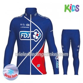 Set Wielershirt Lange Mouw + Fietsbroek Lang 2017 FDJ Kids N002 Winter Thermal Fleece